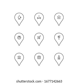 linear set of pinpoint icons. concept of navigation of the city with main places in the center: attractions, cafe, shop, bar, court, church, hotel, hospital. thin line black signs on white background