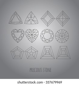 The linear set of precious stones on a gray background. Vector.