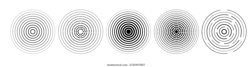 Linearer Satz von Radarsymbolen, Sonarwellen, konzentrischen Radialsignalkreisen, Echolotsymbolen. Vektorgrafik schwarz-weiß auf transparentem Hintergrund für Schnittstellen und Infografiken