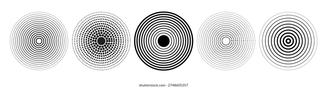 Linear set of radar icons, sonar waves, concentric radial signal circles, echo sounder symbols. Vector black and white illustration on a transparent background for interfaces and infographics