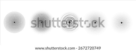 Linear set of radar icons, sonar waves, concentric radial signal circles, echo sounder symbols. Vector black and white illustration on a transparent background for interfaces and infographics