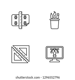 Linear  , Set square, Pencil case, Computer Vector Illustration Of 4 outline Icons. Editable Pack Of  , Set square, Pencil case, Computer
