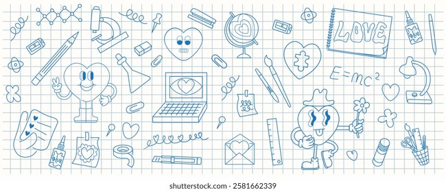 linear set of valentines day and education elements in doodle style. Icons for decoration design mail posts postcards poster print invitation background backdrop wrapping wallpaper