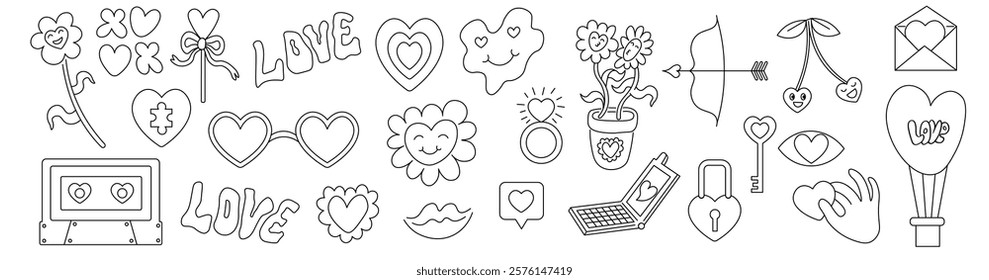 linear set of valentines day elements in doodle style. Icons for decoration design mail posts postcards poster print invitation background backdrop wrapping wallpaper