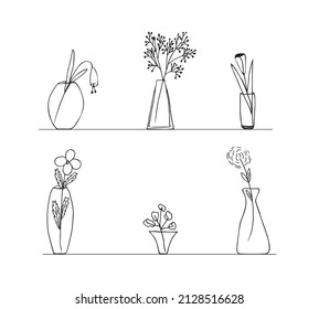Jarrón de marco lineal con ramo de flores. Líneas negras sobre un fondo blanco. Arte de línea y garabato, dibujado a mano. Ilustración del vector