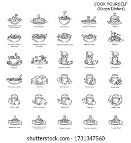 linear set of vegetarian food icons.Various vegan dishes-salads,drinks,snacks,fruits,breakfast, mains and desserts.Healthy restaurant meals. A collection of easy recipes for cooking at home