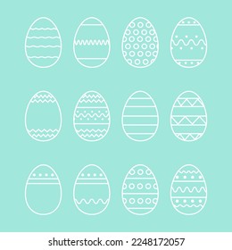 Linear set of white Easter eggs with patterns, ornaments on turquoise background. Perfect for easter pattern, stickers, coloring page, logo, banner. Easter vector illustration. Spring holiday drawing 