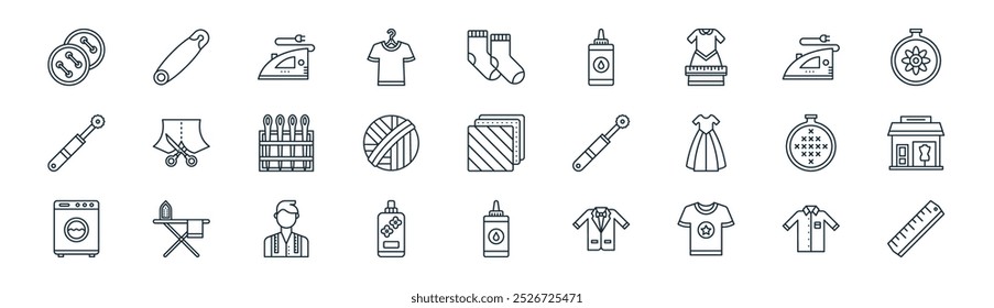linear sewing icon pack. vector thin line shirt, safety pin, iron, iron, wool ball, boutique, liquid glue, ruler icons suitable for apps and websites ui designs