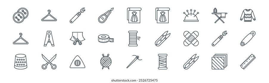 linear sewing icon pack. vector thin line fabric, clothes hanger, seam ripper, ironing board, measuring tape, safety pin, needle, ruler icons suitable for apps and websites ui designs