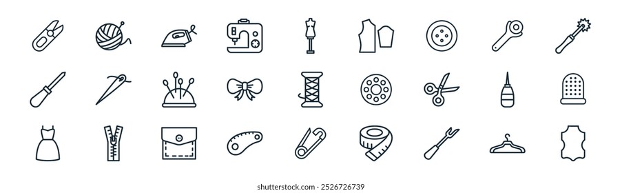 linear sewing icon pack. vector thin line hanger, yarn ball, iron, rotary cutter, bow tie, thimble, brooch, leather icons suitable for apps and websites ui designs