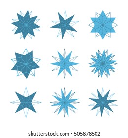 Linear shapes. Different stars. Winter decor. Blue stars set