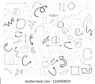 Linear shapes on white. Chaos scribble sketches. Tangled arrows. Backgrounds with array of lines. Black and white illustration. Doodles for design and business