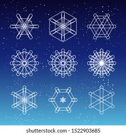 Linear shapes. Snowflakes Set isolated on dark background. Winter vector illustration.