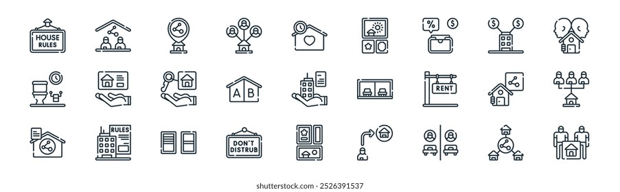 lineares Icon-Paket für gemeinsam genutztes Gehäuse. Vektor dünne Linie gemeinsame Gehäuse, gemeinsame Gehäuse, sammeln, Moodboard, Haus-Icons geeignet für Apps und Websites ui Designs