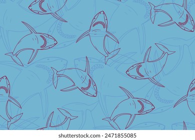 Linear shark pattern on blue background. Outline illustration of sharks. Big fish predator repeat print for boy, kids textile, wrapping paper, fabric.