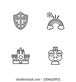 Linear Shield, Castle, Rainbow, Frog Vector Illustration Of 4 outline Icons. Editable Pack Of Shield, Castle, Rainbow, Frog