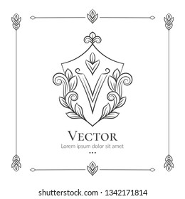 Linear shield emblem. V letter. Elegant, classic vector. Can be used for jewelry, beauty and fashion industry. Great for logo, monogram, invitation, flyer, menu, background, or any desired idea.
