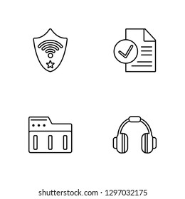 Linear Shield, Folder, Check, Headphones Vector Illustration Of 4 outline Icons. Editable Pack Of Shield, Folder, Check, Headphones