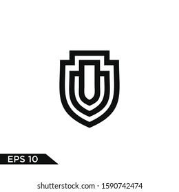 Linear shield logo. Line protection security guard logotype