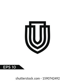 Linear shield logo. Line protection security guard logotype