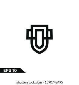 Linear shield logo. Line protection security guard logotype