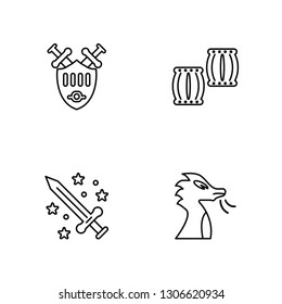 Linear Shield, Sword, Barrel, Dragon Vector Illustration Of 4 outline Icons. Editable Pack Of Shield, Sword, Barrel, Dragon