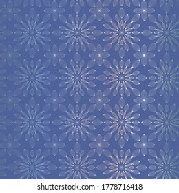 Linear shiny silver ornamental seamless vector pattern on blue. Decorative surface print design for fabrics, stationery, scrapbook paper, packaging, gift wrap, and textiles.