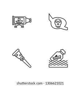 Linear Ship in a bottle, Wooden leg, Eye patch, Message in a bottle Vector Illustration Of 4 outline Icons. Editable Pack Of Ship in a bottle, Wooden leg, Eye patch, Message in a bottle