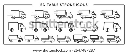 Linear Shipping Vector Icon. Truck Delivery Sign. Editable Stroke Elements. Logistic Logo.