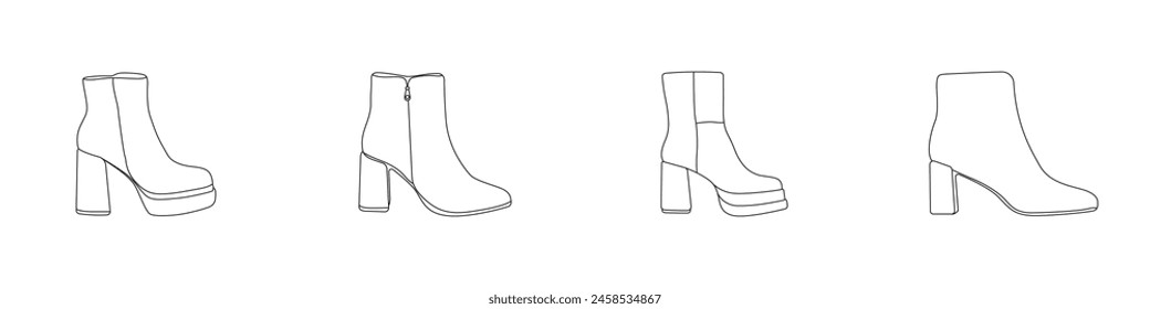 Linear shoes set vector. Women boots editable outline logo. Shoes for cool weather. Simple icons of shoes on a white background. Shoes on foot vector. Vector illustration.