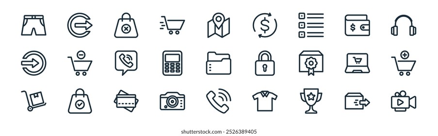linear shopping icon pack. vector thin line delivery,  , shopping bag, wallet, calculator, add to cart, phone call, video camera icons suitable for apps and websites ui designs