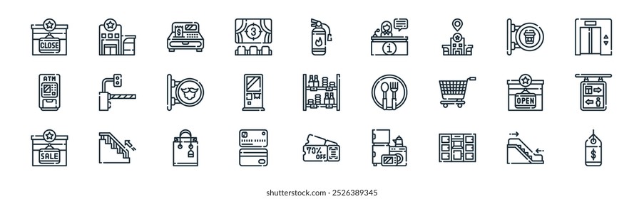 linear shopping mall icon pack. vector thin line or, shopping center, cash register, coffee shop, kiosk, direction, coupon, tag icons suitable for apps and websites ui designs