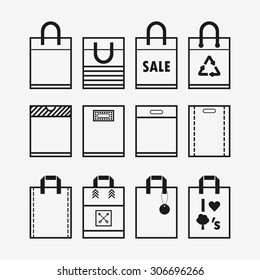 Linear shopping plastic and paper bags icon set on off white background