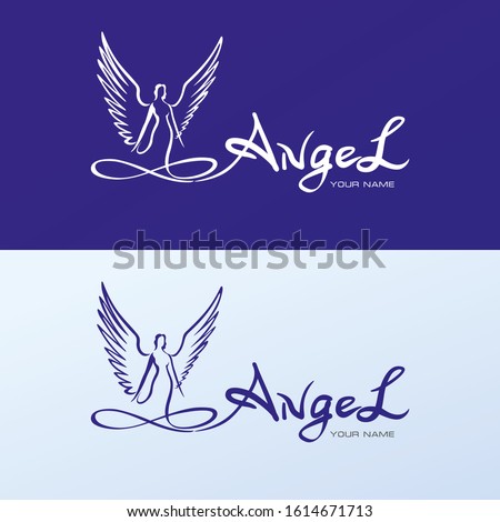 Linear sign  logo, angel with wings on a white and blue background, with handwritten inscription Angel for corporate feminine, delicate, light style. For bedding and underwear, bouquets, women's cloth