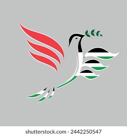 linear silhouette dove with a olive branch in the colors of the Palestine flag. Pigeon Dove Bird in shape of Palestine flag in the struggle for peace. free palestine