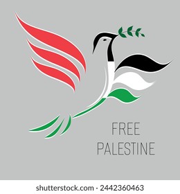 linear silhouette dove with a olive branch in the colors of the Palestine flag. Pigeon Dove Bird in shape of Palestine flag in the struggle for peace. Text Free palestine