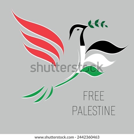 linear silhouette dove with a olive branch in the colors of the Palestine flag. Pigeon Dove Bird in shape of Palestine flag in the struggle for peace. Text Free palestine