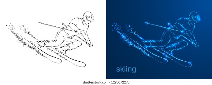 Linear silhouette of the drawing the athlete on skis. Art of the line.