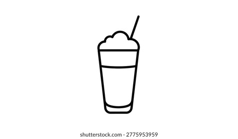 A linear silhouette of a drink in a glass with a straw and whipped cream topping, isolated on a white