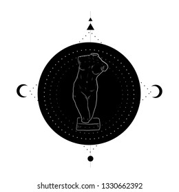 Linear silhouette of greek statue of woman with esoteric symbols. Geometric composition. Design for tattoo, print, wall art. 