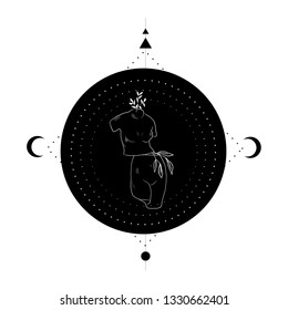 Linear silhouette of greek statue of woman with esoteric symbols. Geometric composition. Design for tattoo, print, wall art. 