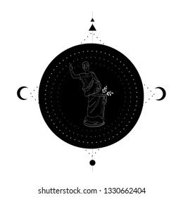 Linear silhouette of greek statue of woman with esoteric symbols. Geometric composition. Design for tattoo, print, wall art. 
