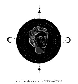 Linear silhouette of greek statue of woman with esoteric symbols. Geometric composition. Design for tattoo, print, wall art. 