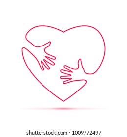 Linear silhouette of heart with hands, hugging heart, concept of love and care, happy valentine day
