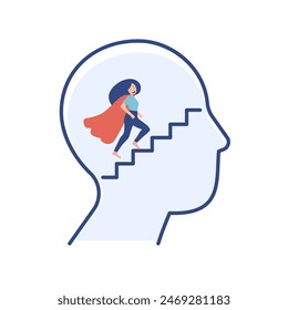 linear silhouette icon of a human head inside which a superhero girl climbs the stairs. Mental growth development concept