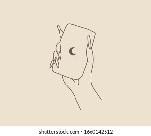 linear silhouette of a magic hand, modern trend design. space elements. vector illustration