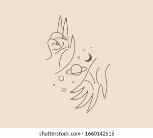 linear silhouette of a magic hand, modern trend design. space elements. vector illustration