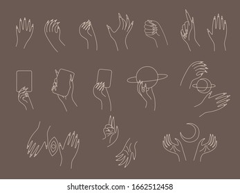 silueta lineal de una mano mágica, diseño moderno de tendencia. elementos espaciales. ilustración vectorial