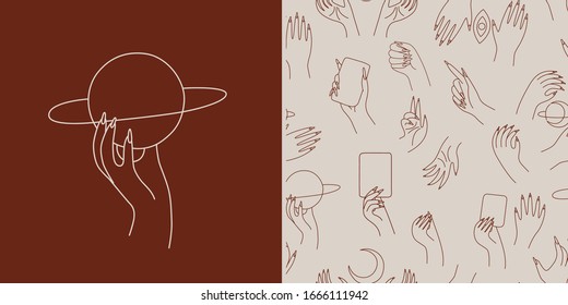 linear silhouette of a magic hand, modern trend design. space elements. vector illustration