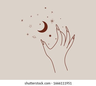linear silhouette of a magic hand, modern trend design. space elements. vector illustration
